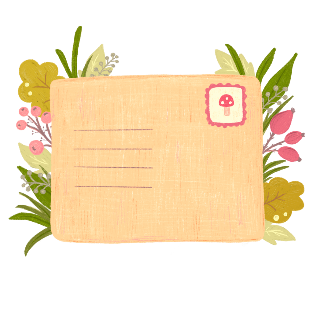 Whimsical floral envelope illustration with autumn leaves and mushroom stamp by Ekaterina Kirsche.