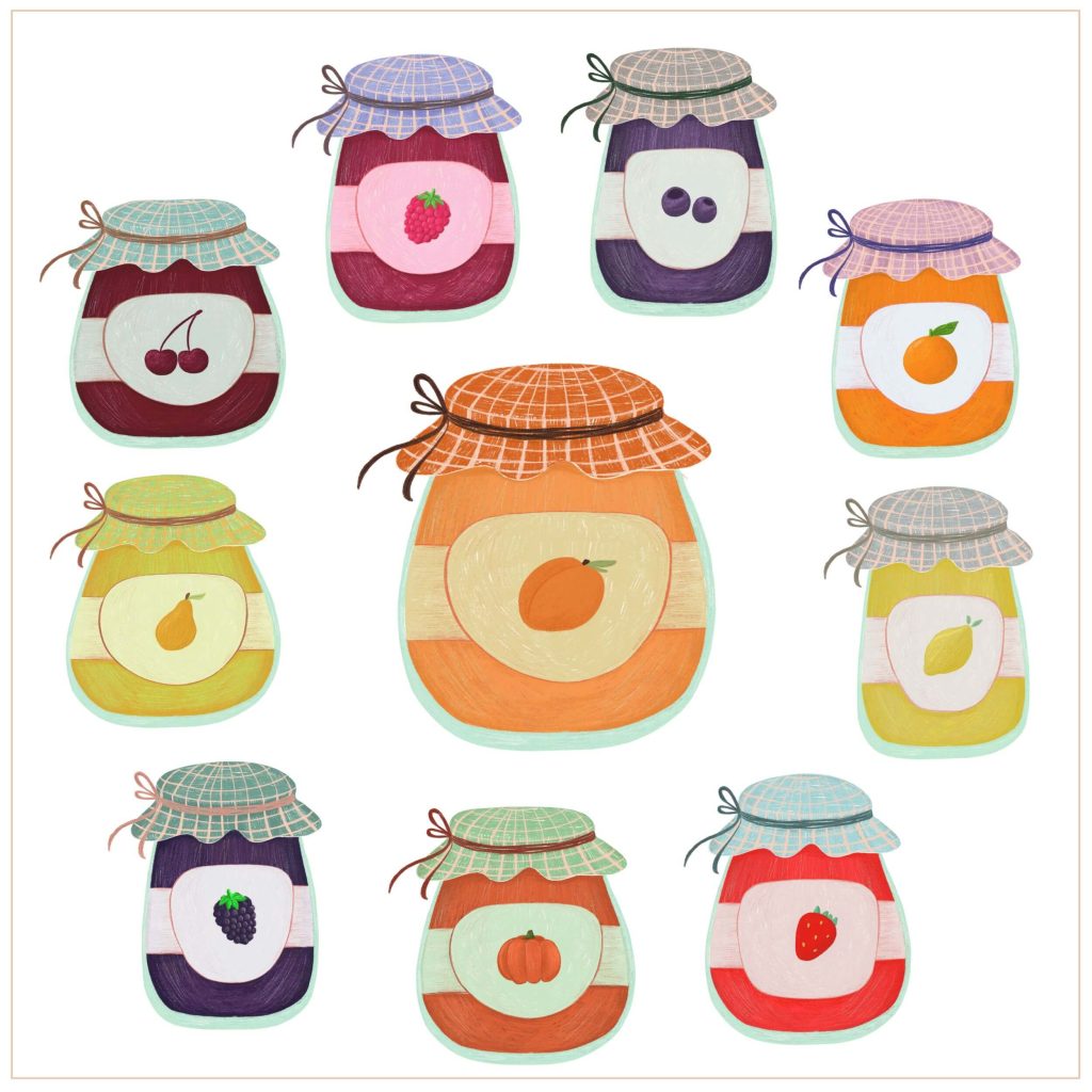 Cute illustrated jam jars with fruits and berries in pastel colors — whimsical food illustration set by Kirsche Illustration.