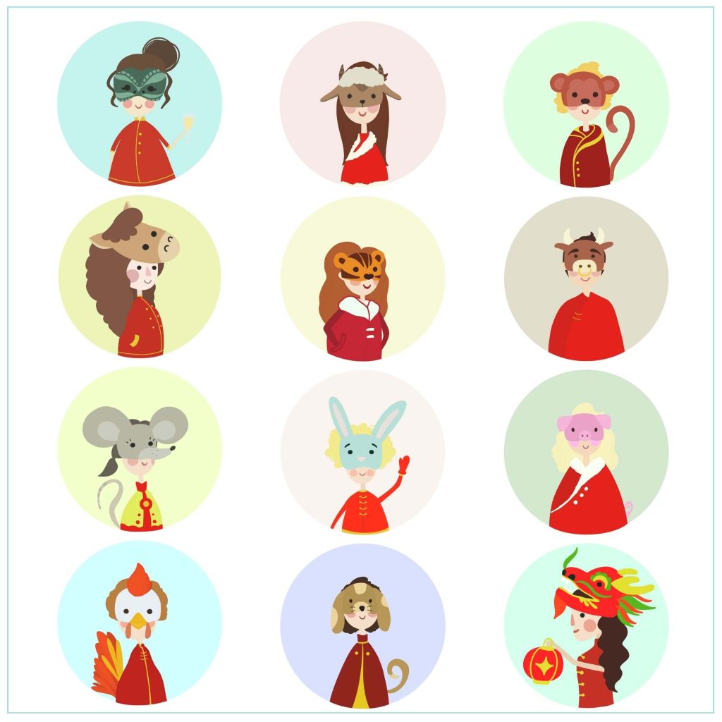 Cute zodiac characters illustrated as children with animal masks — playful and colorful character set by Kirsche Illustration.