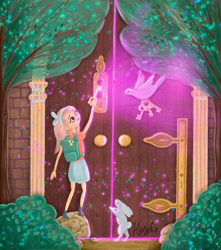 Girl reaching for a glowing key at a magical door surrounded by sparkles and forest elements — Kirsche Illustration children’s book art.