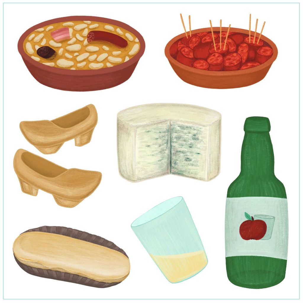 Asturias local food illustration set with fabada, chorizo, cider bottle, cheese, and traditional dishes by Kirsche Illustration.